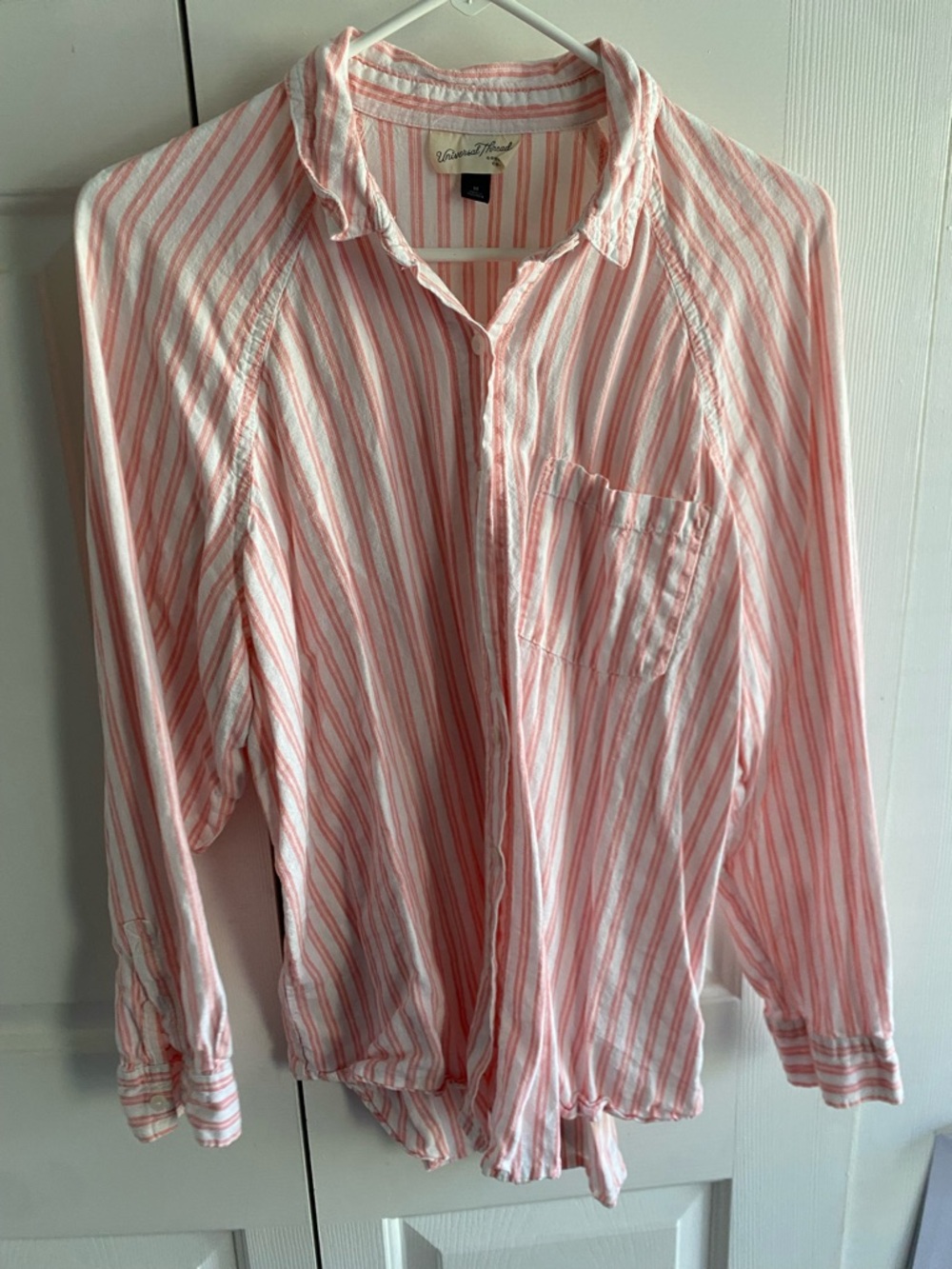 Universal Thread Pink and White Striped Linen Blend Button-Up Shirt